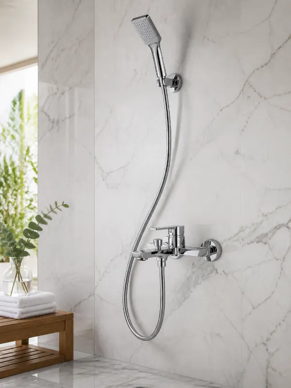 Kingsdom wall mounted bathtub faucet with handheld shower chrome finish