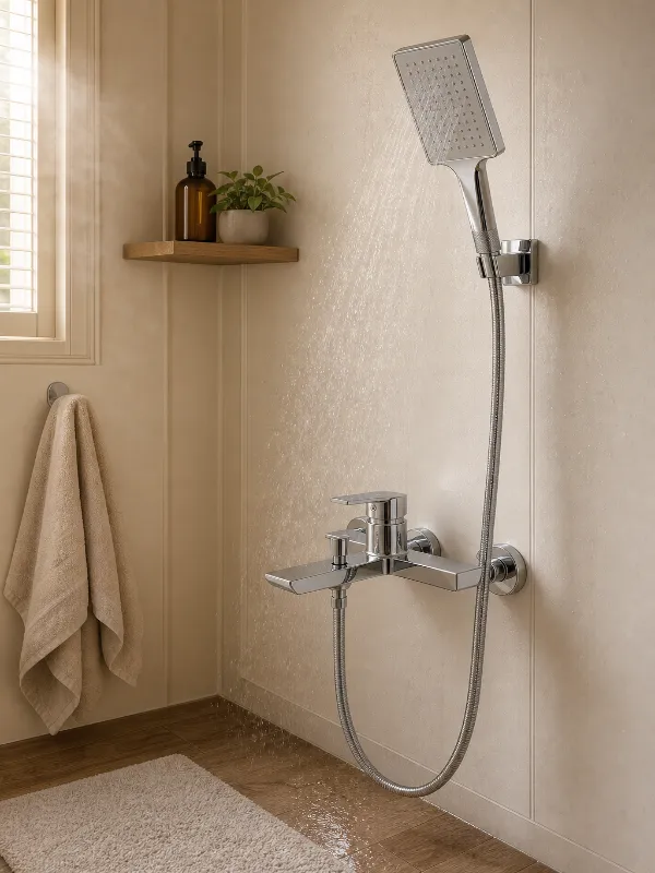 Solid brass bathtub mixer faucet with rectangular handheld shower design