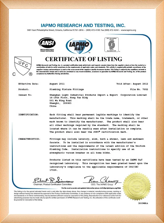 Kingsdom UPC IAPMO sanitary ware product certification