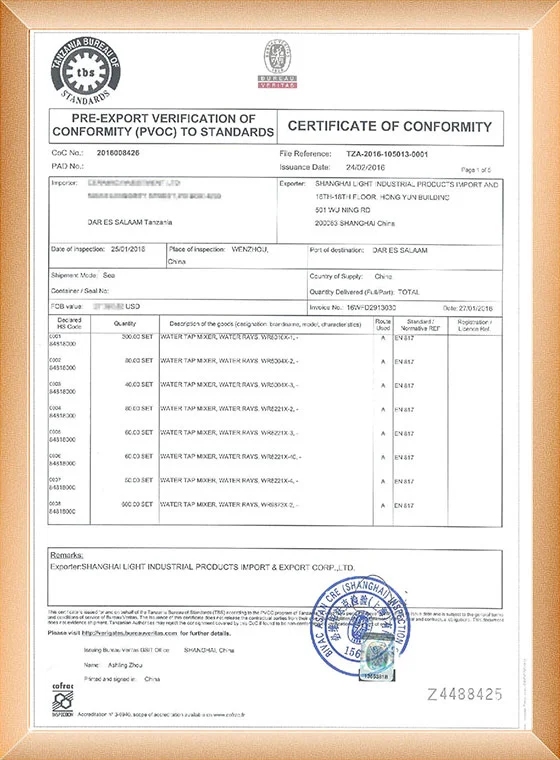 Kingsdom PVoC export certificate of conformity